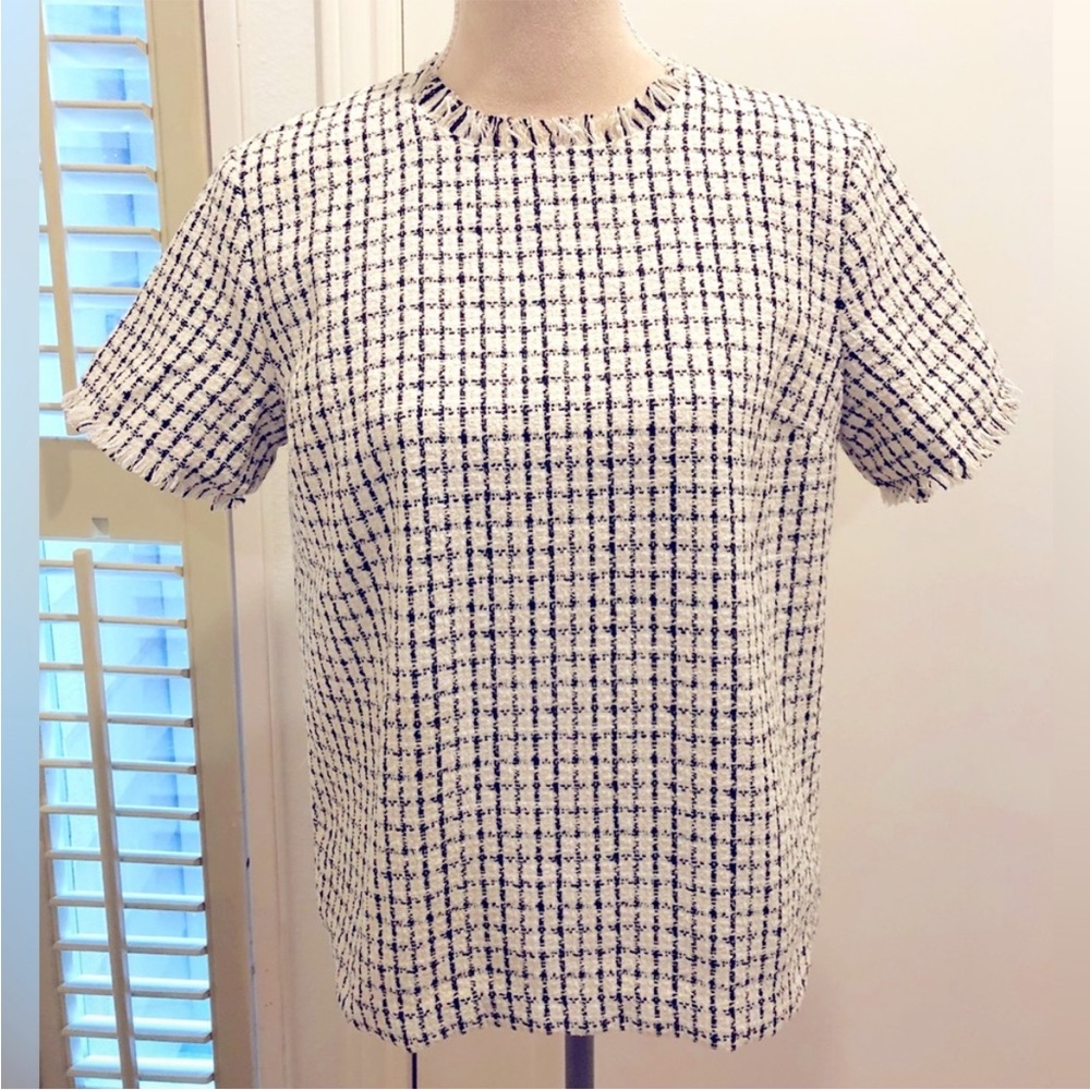 Ann Taylor Black and White Checkered Short Sleeve Top Tweed